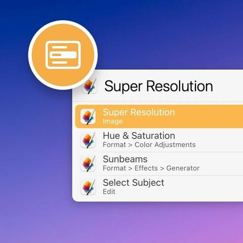 Square cropped screenshot showing some menu items of the app Pixelmator in LaunchBars interface.
